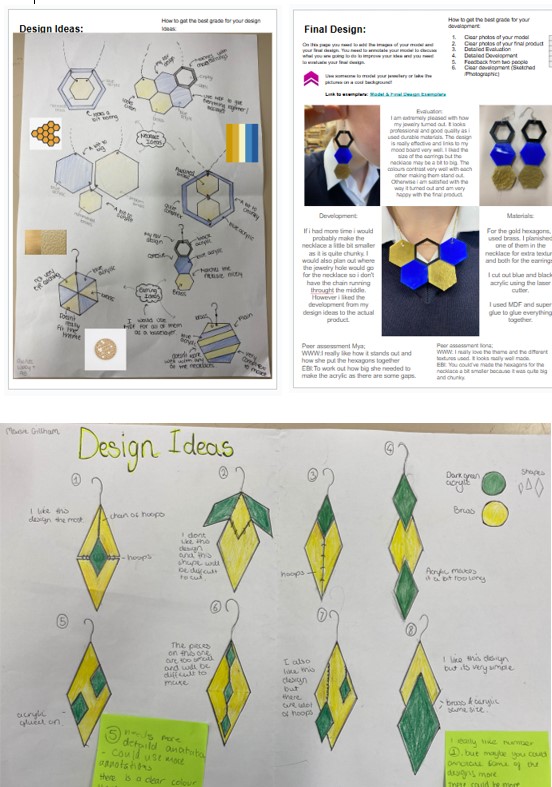 Photo collage of Year 9 Product Design jewellery project