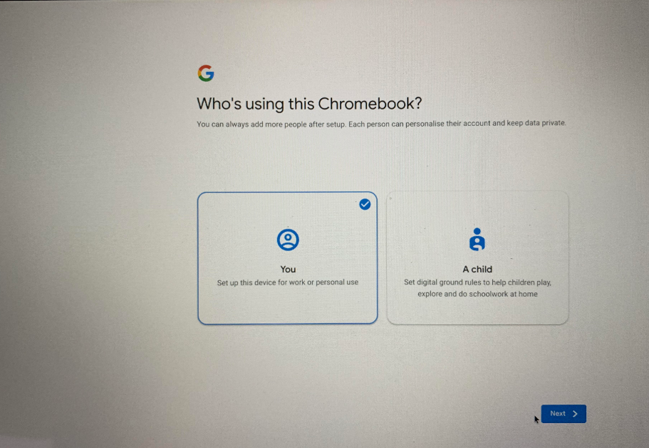 Screenshot of Chromebook setup  process