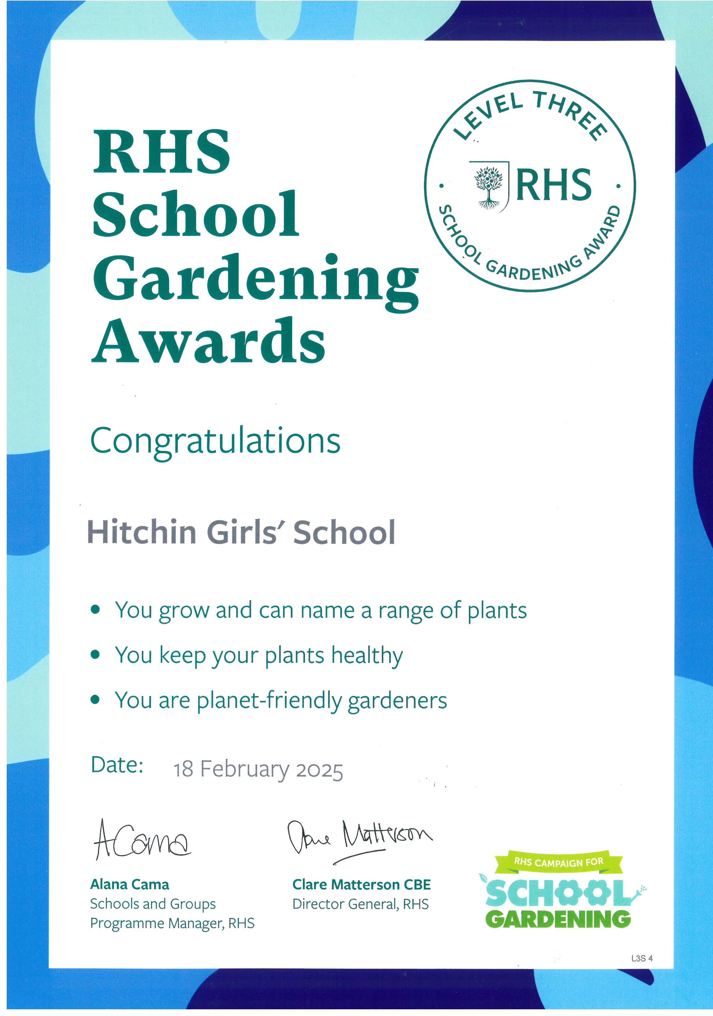 Photo of the RHS School Gardening Award Certificate
